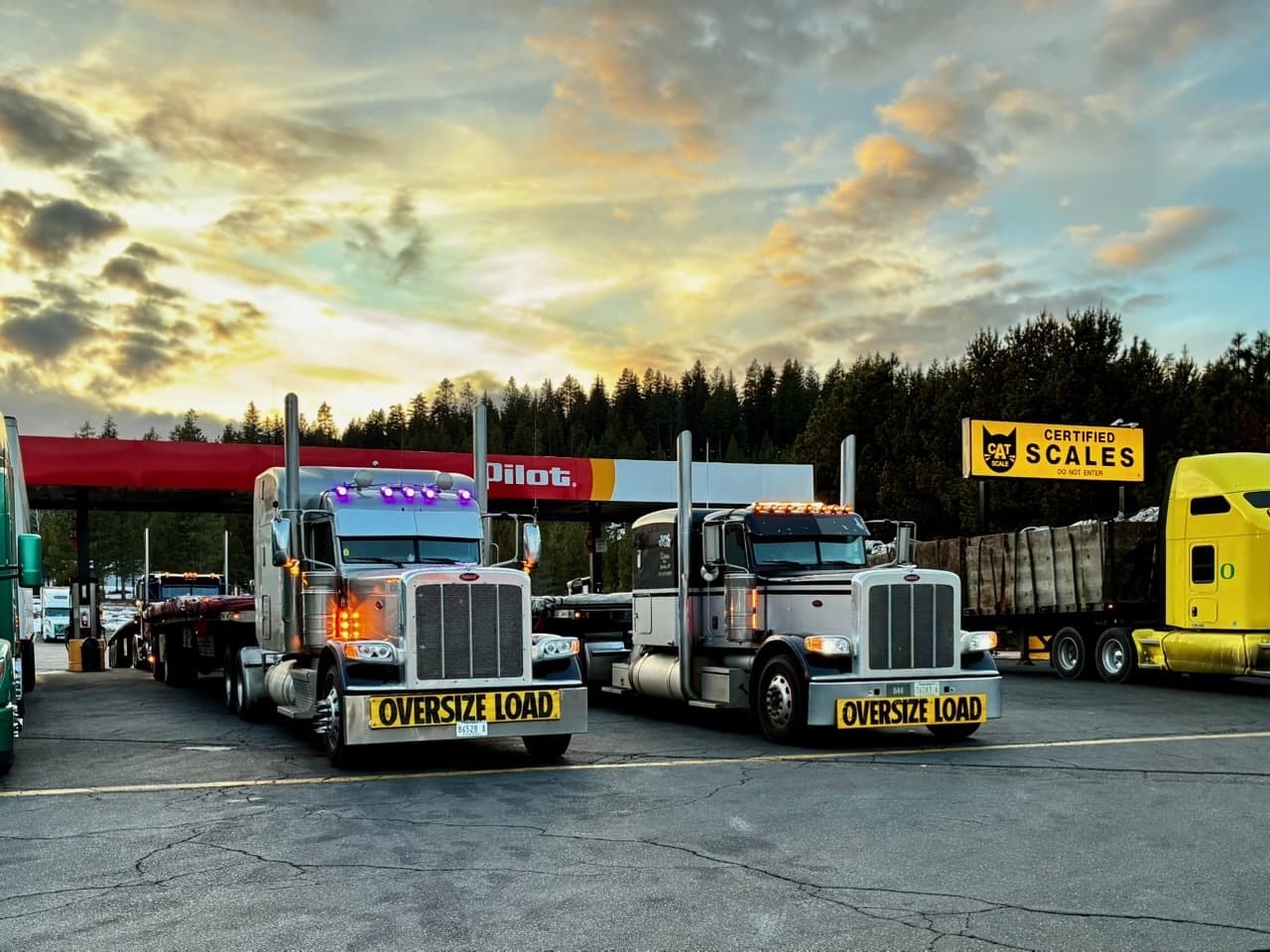 Freight trucks at sunset